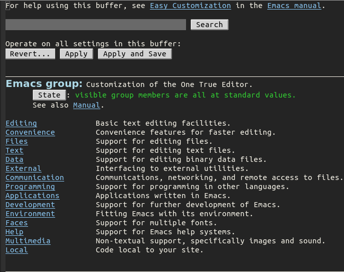 tela inicial de customização do GNU Emacs